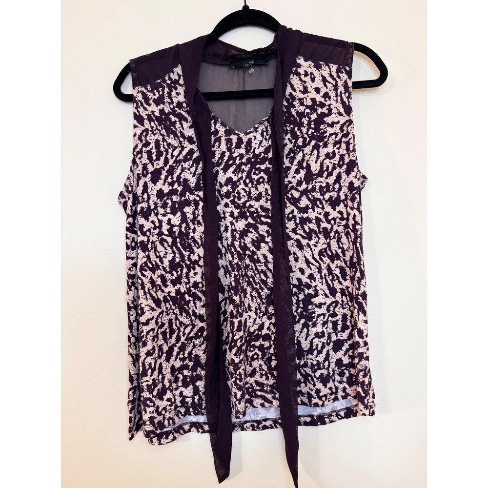 Next Purple Abstract Animal Print Tie Neck Sleeveless Blouse Sheer Mesh Yoke 12